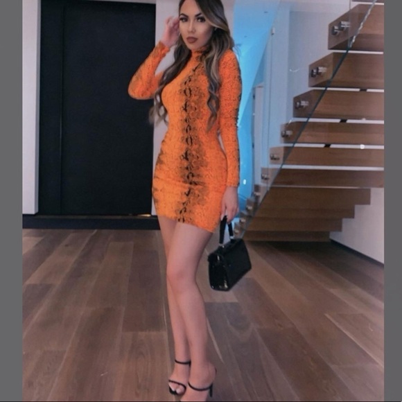 Dresses & Skirts - Orange Snake Print High Neck Bodycon Dress NWT